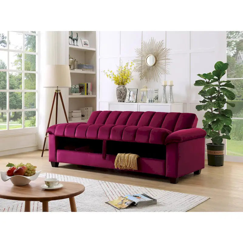 Divano letto convertibile in velluto con contenitore, 2 posti – Blu / Rosso / Verde / Crema / Grigio / Marrone / Grigio chiaro