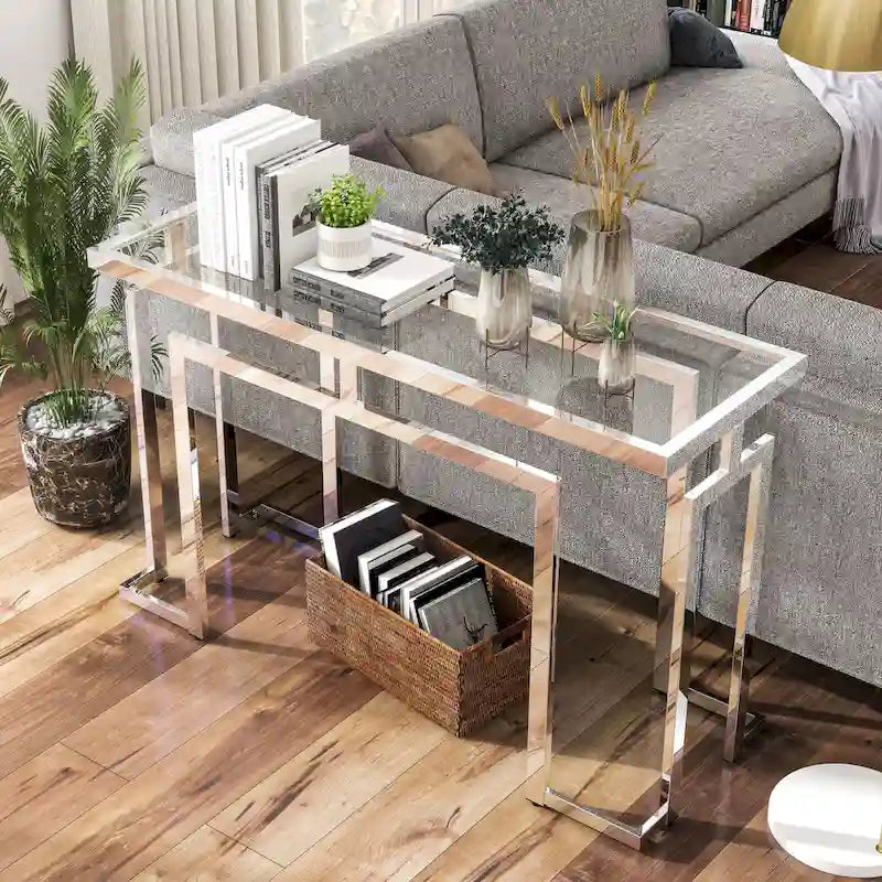 Tavolino da divano con piano in vetro da 52", cromato/dorato, stile contemporaneo, montaggio a 1 persona