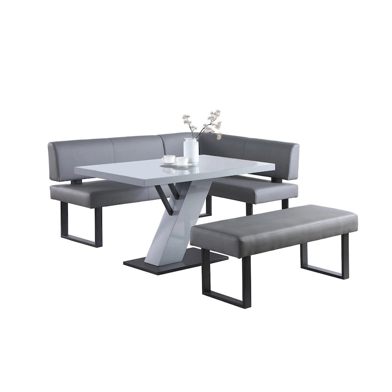 Set da pranzo 3 pezzi lucido grigio per 4 persone – Tavolo, Panca angolare e Panca