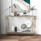 Consolle Glam color champagne con piano in vetro e ripiano a specchio, 1 ripiano