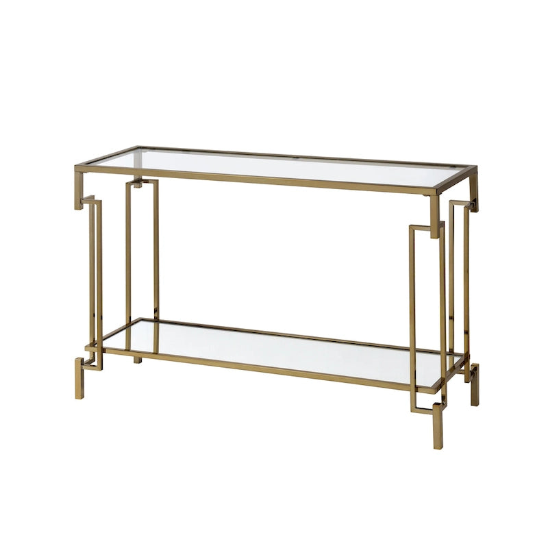 Consolle Glam color champagne con piano in vetro e ripiano a specchio, 1 ripiano