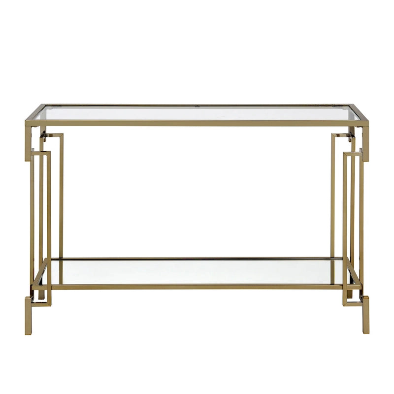 Consolle Glam color champagne con piano in vetro e ripiano a specchio, 1 ripiano