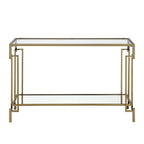 Consolle Glam color champagne con piano in vetro e ripiano a specchio, 1 ripiano