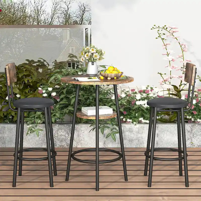Set da 3 pezzi per tavolo da bar, marrone rustico/grigio, stile bistrot rotondo, 2 posti a sedere