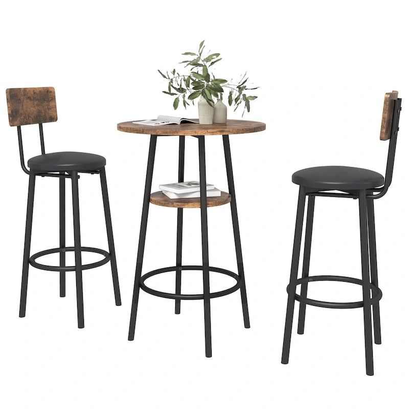Set da 3 pezzi per tavolo da bar, marrone rustico/grigio, stile bistrot rotondo, 2 posti a sedere