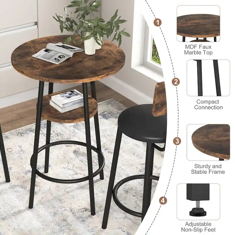 Set da 3 pezzi per tavolo da bar, marrone rustico/grigio, stile bistrot rotondo, 2 posti a sedere