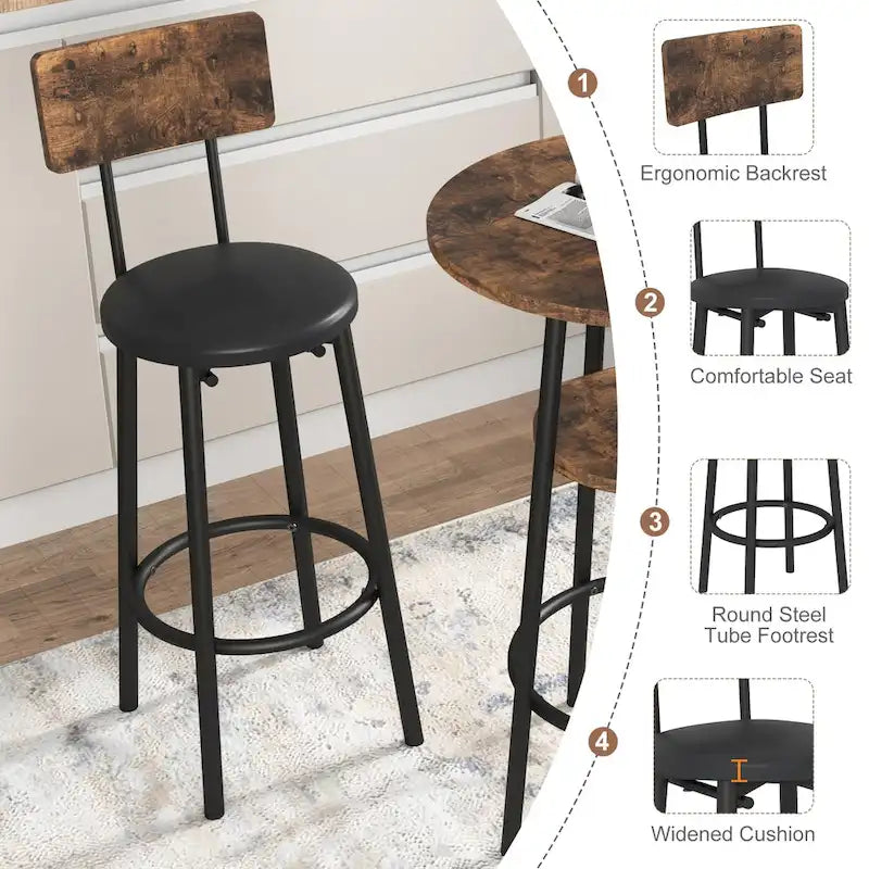 Set da 3 pezzi per tavolo da bar, marrone rustico/grigio, stile bistrot rotondo, 2 posti a sedere