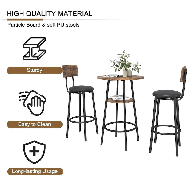 Set da 3 pezzi per tavolo da bar, marrone rustico/grigio, stile bistrot rotondo, 2 posti a sedere