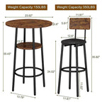 Set da 3 pezzi per tavolo da bar, marrone rustico/grigio, stile bistrot rotondo, 2 posti a sedere