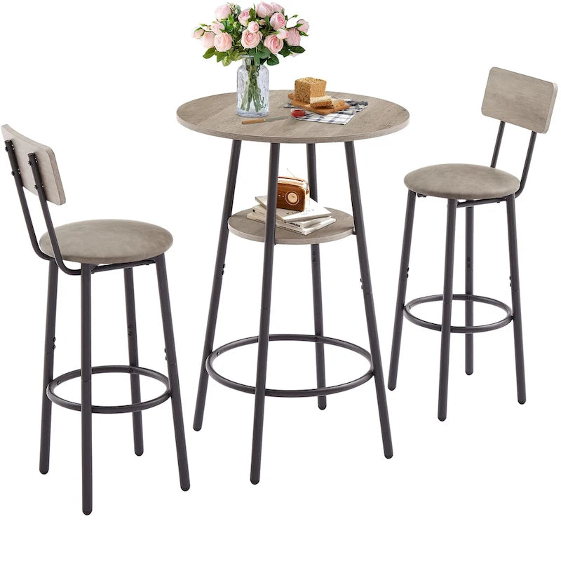 Set da 3 pezzi per tavolo da bar, marrone rustico/grigio, stile bistrot rotondo, 2 posti a sedere