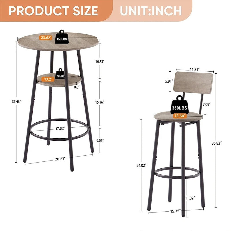 Set da 3 pezzi per tavolo da bar, marrone rustico/grigio, stile bistrot rotondo, 2 posti a sedere