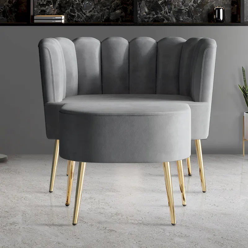 Poltrona con poggiapiedi in velluto grigio chiaro/blu navy/nero/grigio argento/rosa chiaro, 1 posto, gambe dorate