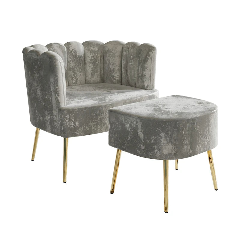 Poltrona con poggiapiedi in velluto grigio chiaro/blu navy/nero/grigio argento/rosa chiaro, 1 posto, gambe dorate