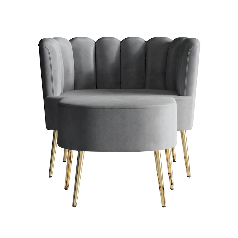 Poltrona con poggiapiedi in velluto grigio chiaro/blu navy/nero/grigio argento/rosa chiaro, 1 posto, gambe dorate