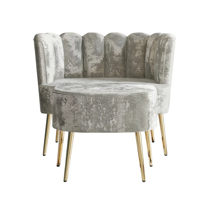 Poltrona con poggiapiedi in velluto grigio chiaro/blu navy/nero/grigio argento/rosa chiaro, 1 posto, gambe dorate