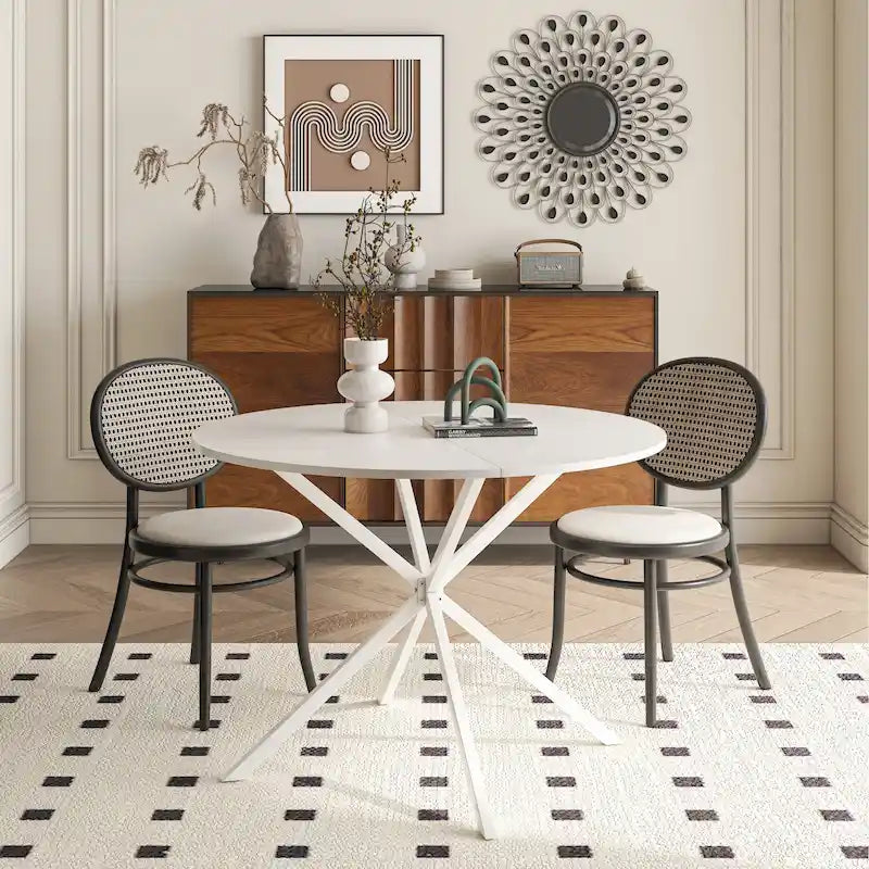 Tavolo da pranzo rotondo, gambe incrociate, nero / bianco / marmo bianco, 2 persone, piano rimovibile in 2 pezzi