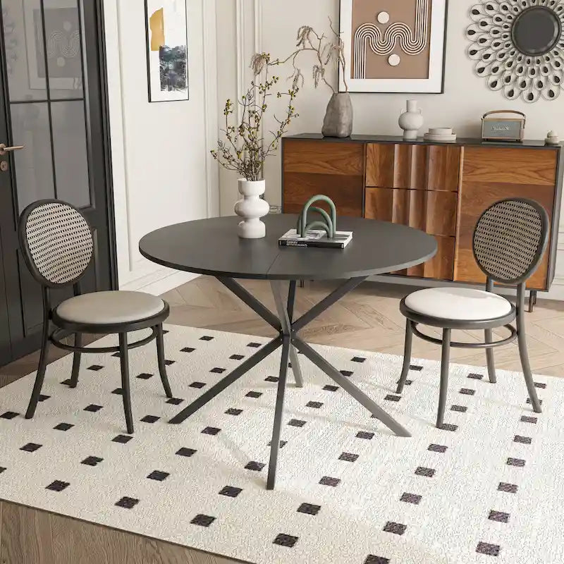 Tavolo da pranzo rotondo, gambe incrociate, nero / bianco / marmo bianco, 2 persone, piano rimovibile in 2 pezzi