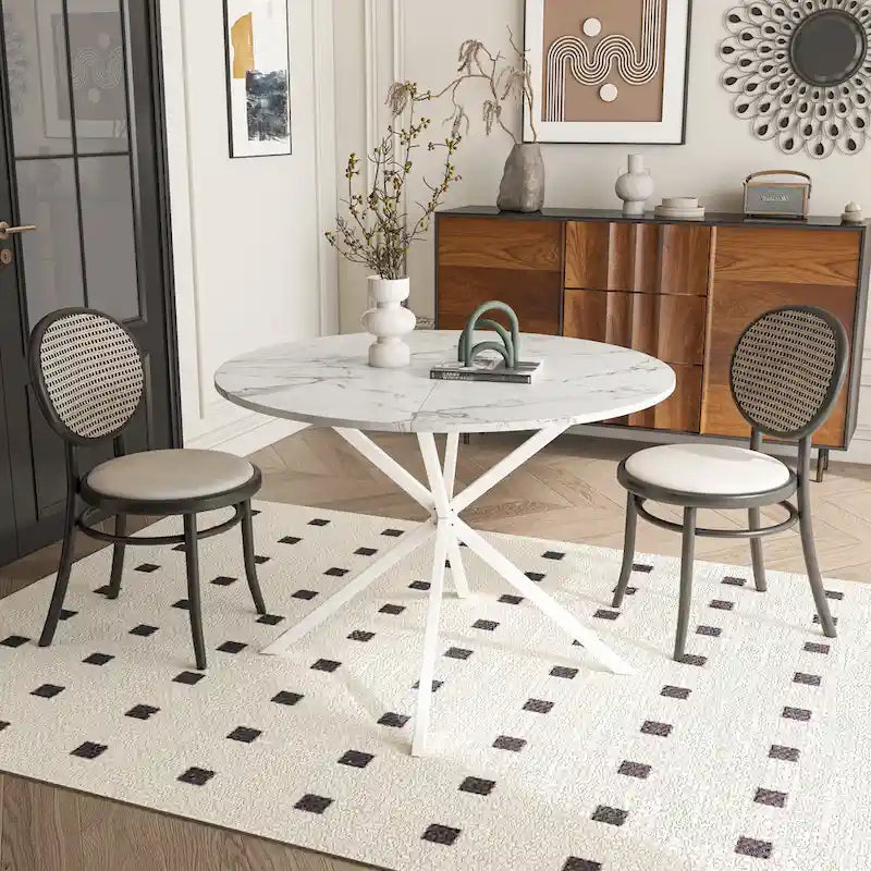 Tavolo da pranzo rotondo, gambe incrociate, nero / bianco / marmo bianco, 2 persone, piano rimovibile in 2 pezzi