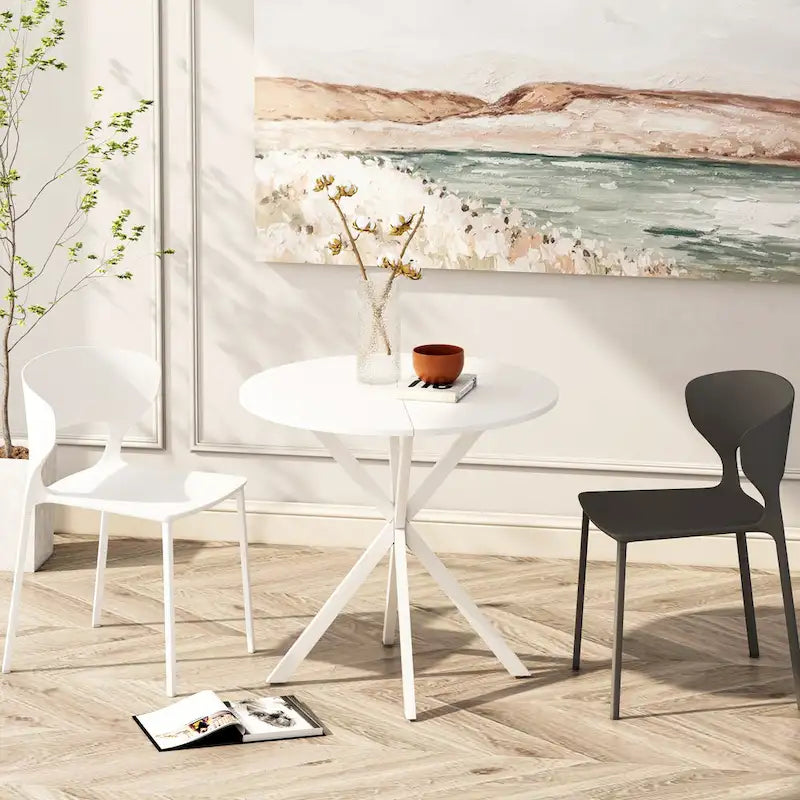 Tavolo da pranzo rotondo, gambe incrociate, nero / bianco / marmo bianco, 2 persone, piano rimovibile in 2 pezzi