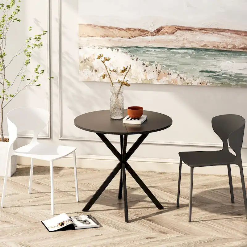 Tavolo da pranzo rotondo, gambe incrociate, nero / bianco / marmo bianco, 2 persone, piano rimovibile in 2 pezzi