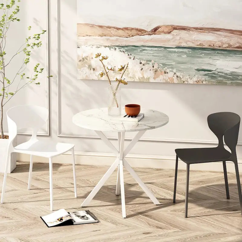 Tavolo da pranzo rotondo, gambe incrociate, nero / bianco / marmo bianco, 2 persone, piano rimovibile in 2 pezzi
