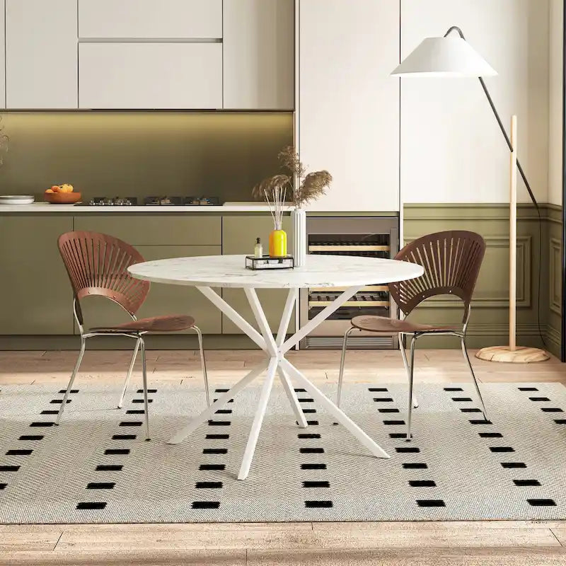 Tavolo da pranzo rotondo, gambe incrociate, nero / bianco / marmo bianco, 2 persone, piano rimovibile in 2 pezzi