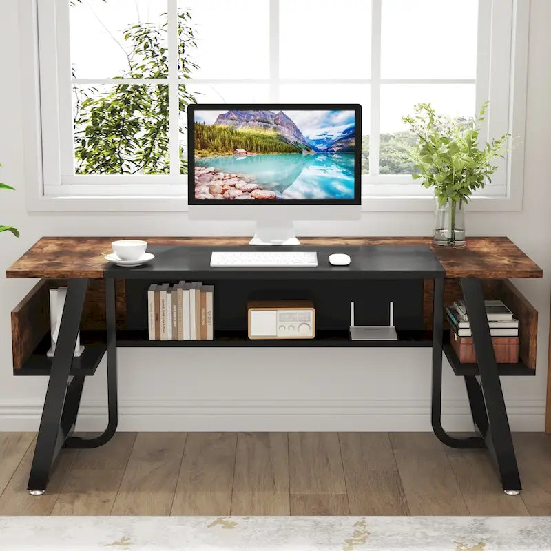 Scrivania da 63" con ripiano inferiore, Marrone+Bianco / Marrone rustico+Nero, 1 posto