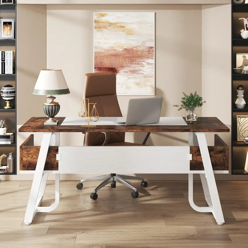 Scrivania da 63" con ripiano inferiore, Marrone+Bianco / Marrone rustico+Nero, 1 posto