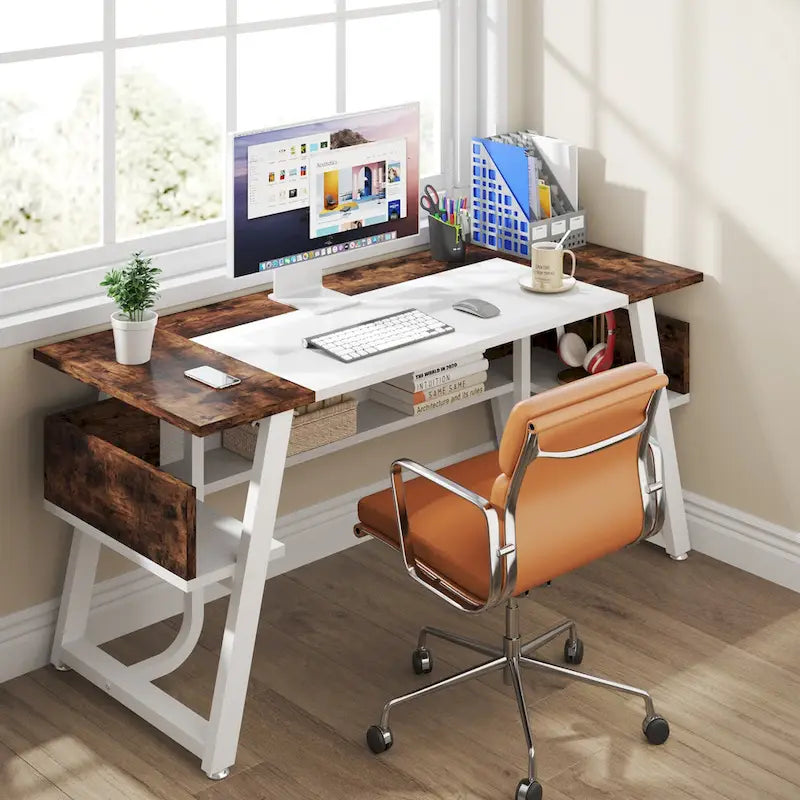Scrivania da 63" con ripiano inferiore, Marrone+Bianco / Marrone rustico+Nero, 1 posto