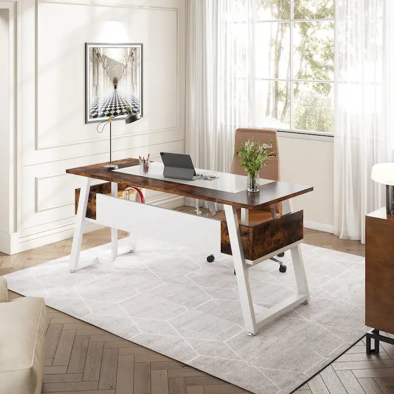 Scrivania da 63" con ripiano inferiore, Marrone+Bianco / Marrone rustico+Nero, 1 posto