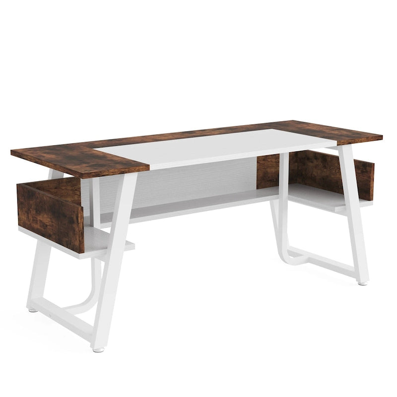Scrivania da 63" con ripiano inferiore, Marrone+Bianco / Marrone rustico+Nero, 1 posto