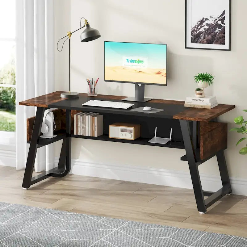 Scrivania da 63" con ripiano inferiore, Marrone+Bianco / Marrone rustico+Nero, 1 posto