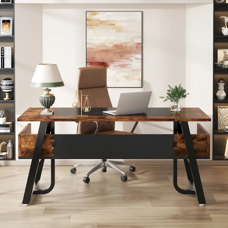 Scrivania da 63" con ripiano inferiore, Marrone+Bianco / Marrone rustico+Nero, 1 posto