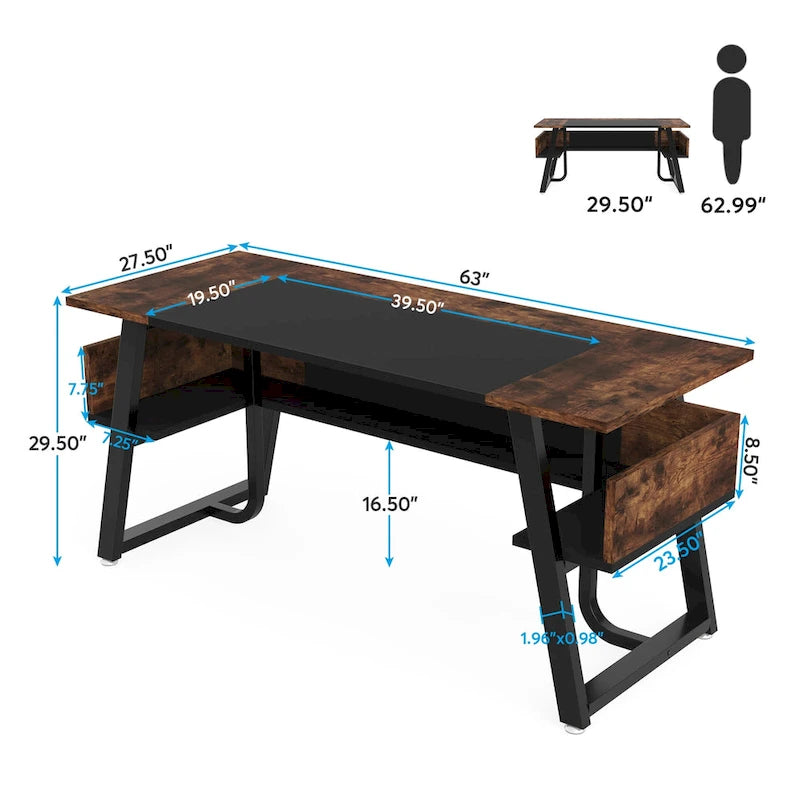 Scrivania da 63" con ripiano inferiore, Marrone+Bianco / Marrone rustico+Nero, 1 posto