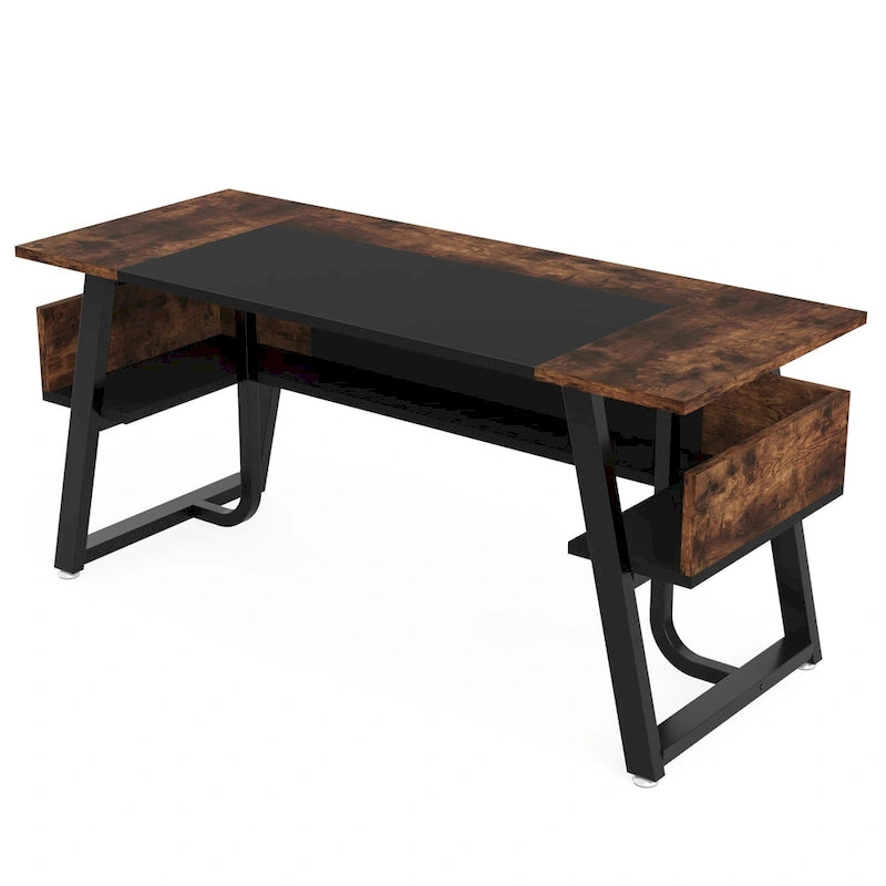 Scrivania da 63" con ripiano inferiore, Marrone+Bianco / Marrone rustico+Nero, 1 posto