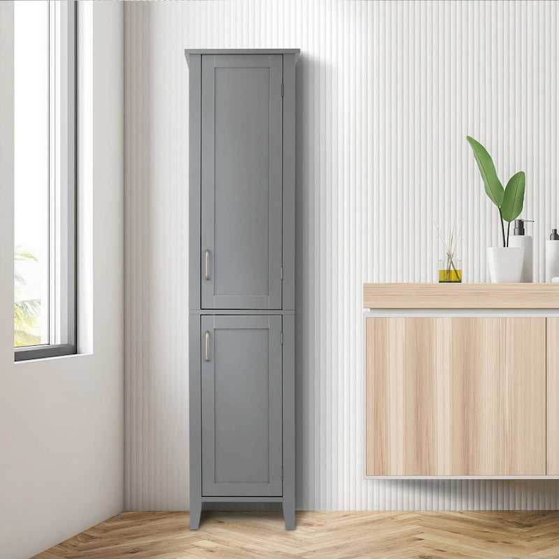 Mobiletto alto da bagno in legno grigio scuro con ante a doppio battente