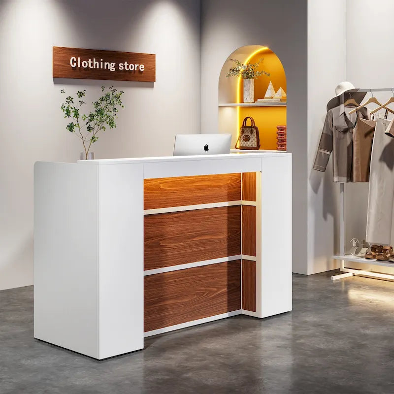 Bancone da reception bianco/marrone e nero con luci a LED, sportello singolo