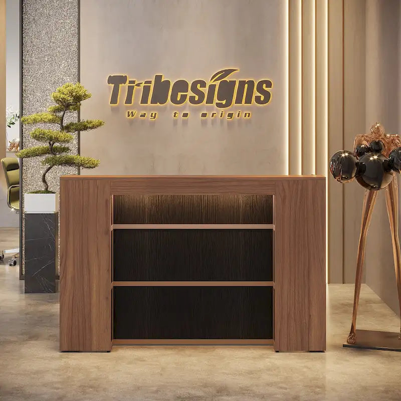 Bancone da reception bianco/marrone e nero con luci a LED, sportello singolo