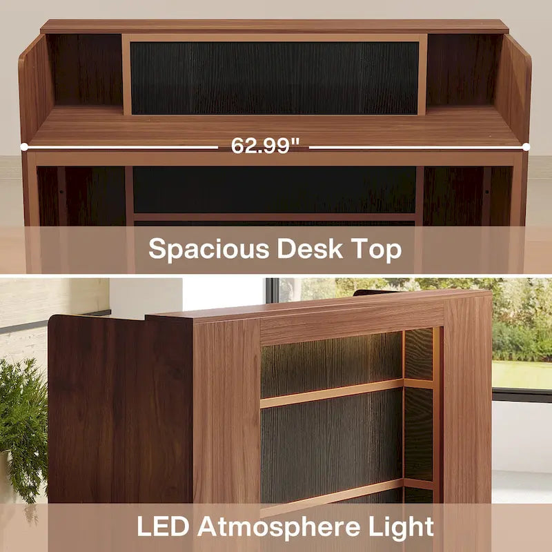 Bancone da reception bianco/marrone e nero con luci a LED, sportello singolo