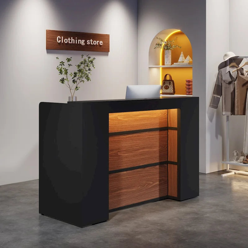 Bancone da reception bianco/marrone e nero con luci a LED, sportello singolo