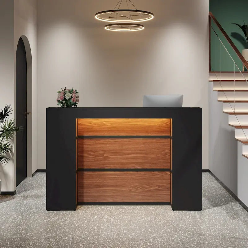 Bancone da reception bianco/marrone e nero con luci a LED, sportello singolo