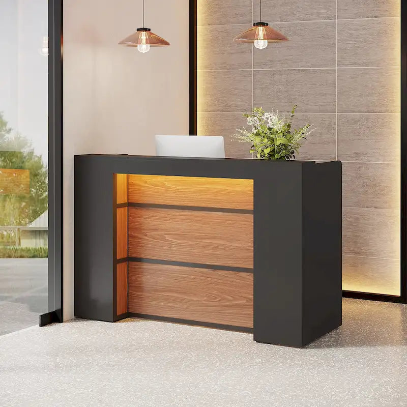 Bancone da reception bianco/marrone e nero con luci a LED, sportello singolo