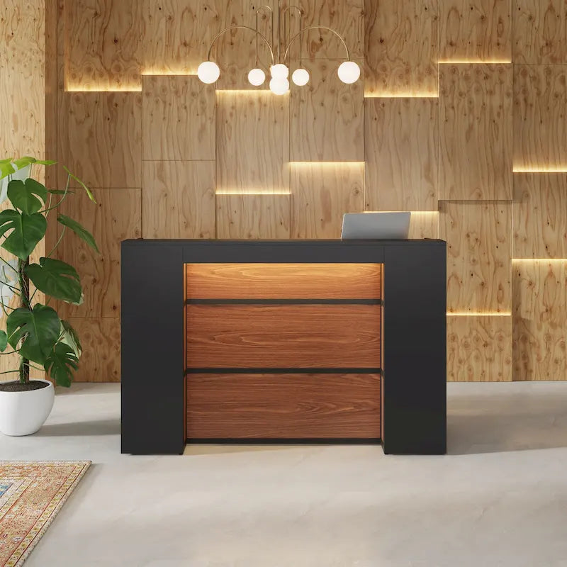 Bancone da reception bianco/marrone e nero con luci a LED, sportello singolo