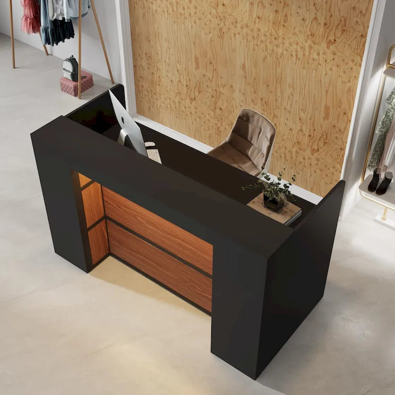 Bancone da reception bianco/marrone e nero con luci a LED, sportello singolo