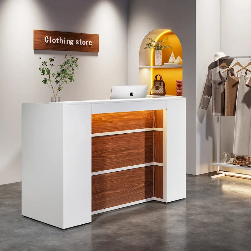 Bancone da reception bianco/marrone e nero con luci a LED, sportello singolo