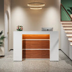 Bancone da reception bianco/marrone e nero con luci a LED, sportello singolo