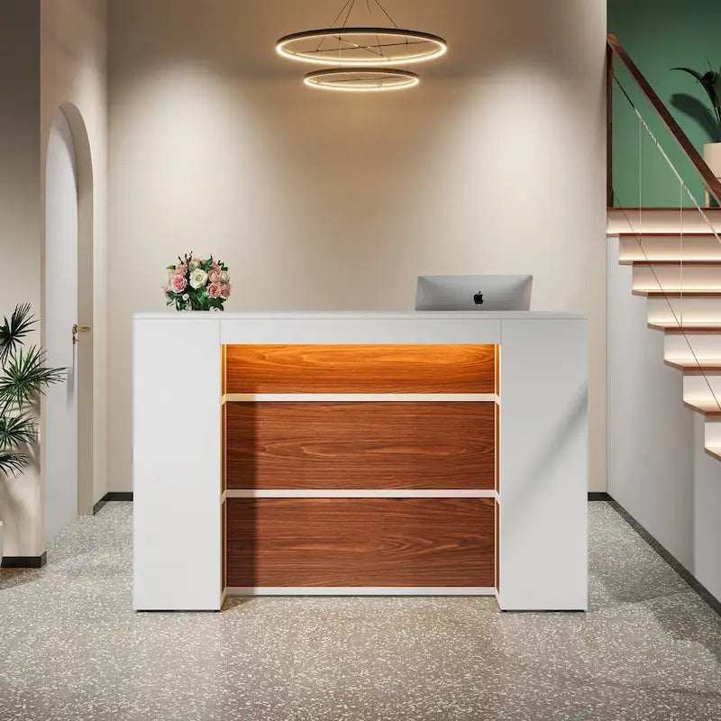 Bancone da reception bianco/marrone e nero con luci a LED, sportello singolo