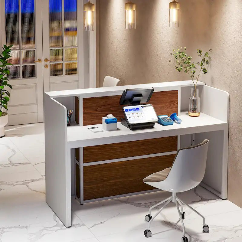 Bancone da reception bianco/marrone e nero con luci a LED, sportello singolo