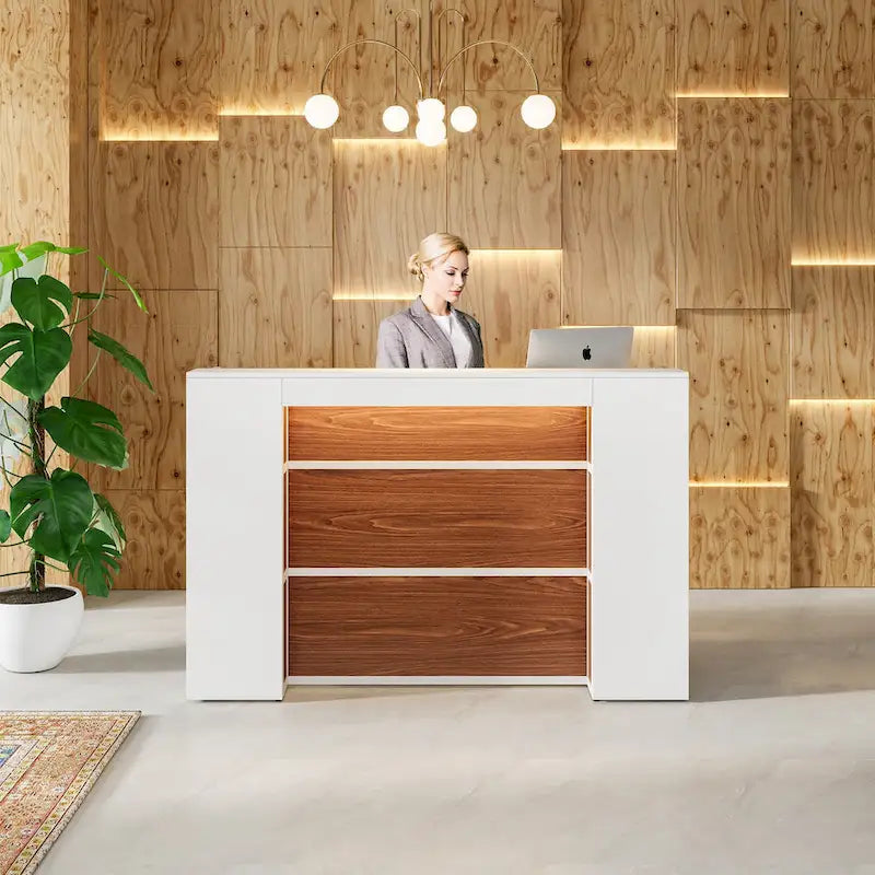 Bancone da reception bianco/marrone e nero con luci a LED, sportello singolo