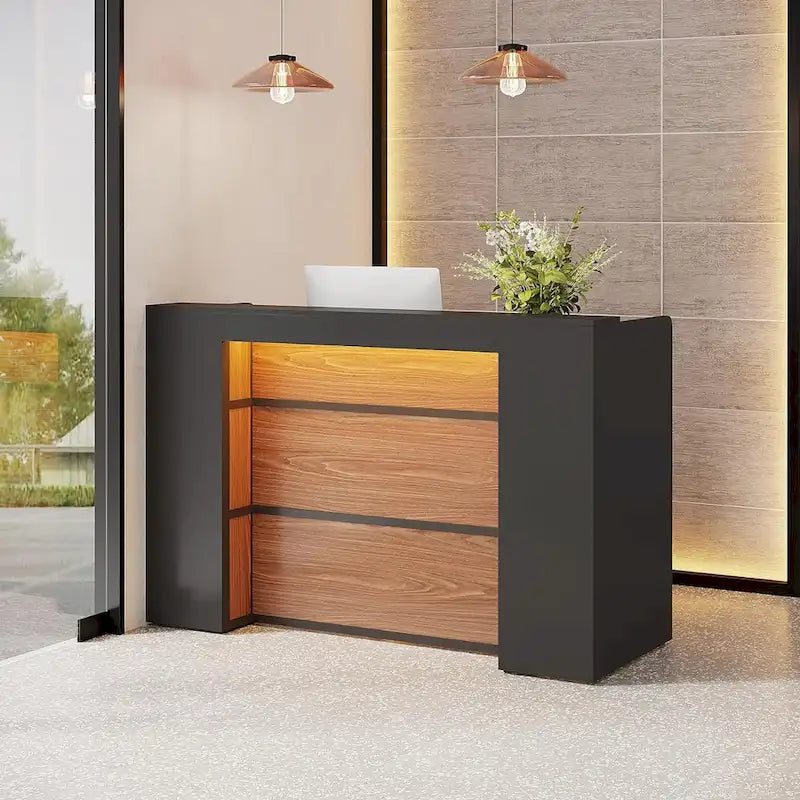 Scrivania a L per 1 persona, colori bianco e marrone / nero e marrone / marrone e nero, con striscia LED e pannello per la privacy